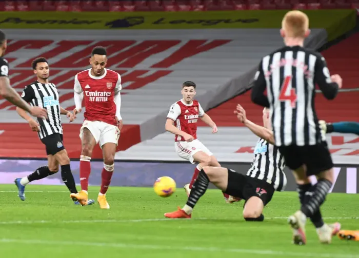 Framed Print : Arsenal's Aubameyang Scores Third Goal Against Newcastle in Empty Emirates Stadium (2020-21)