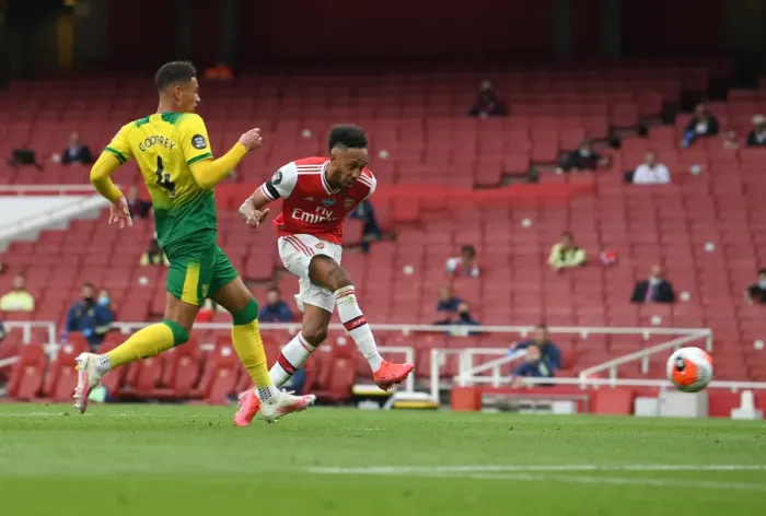 Framed Print : Arsenal's Aubameyang Scores Third Goal Against Norwich City (2019-20)