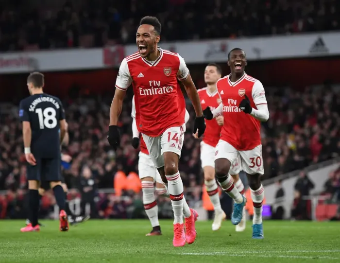 Framed Print : Arsenal's Aubameyang Scores Third Goal vs. Everton in Premier League (2019-20)