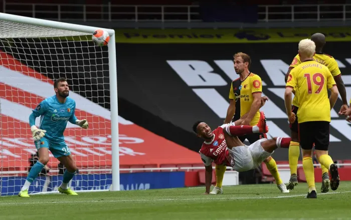 Framed Print : Arsenal's Aubameyang Scores Third Goal Against Watford in 2019-20 Premier League