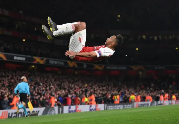 Framed Print : Arsenal's Aubameyang Scores Hat-Trick: Commanding 3-0 Lead in Europa League Semi-Final vs Valencia