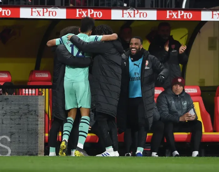 Framed Print : Arsenal's Aubameyang Scores, Lacazette Congratulates: Watford vs Arsenal, Premier League 2018-19 Framed Print : Arsenal's Aubameyang Scores, Lacazette Congratulates: Watford vs Arsenal, Premier League 2018-19
