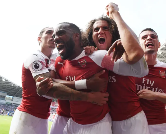 Framed Print : Arsenal's Aubameyang Scores Second Goal: Bellerin, Lacazette, Guendouzi Celebrate