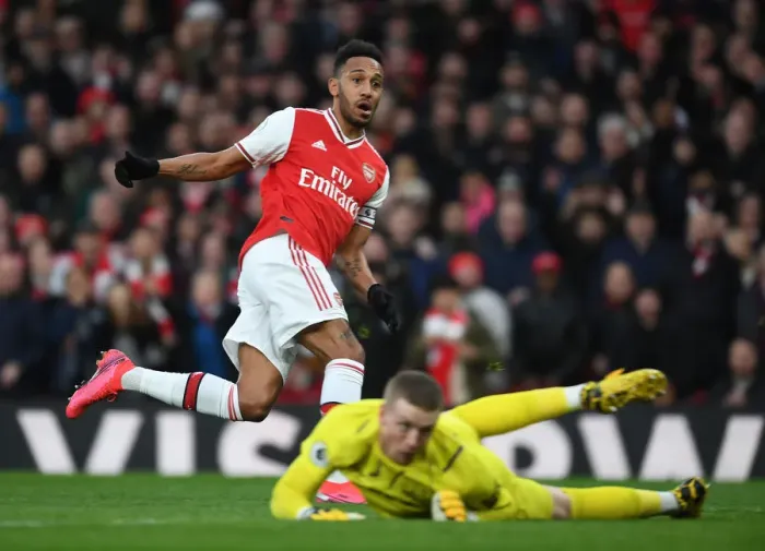 Framed Print : Arsenal's Aubameyang Scores His Second Goal in Intense Arsenal vs. Everton Premier League Clash (2019-20)