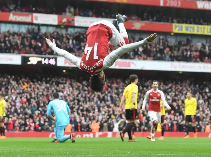 Framed Print : Arsenal's Aubameyang Scores Second Goal vs. Watford (2017-18)