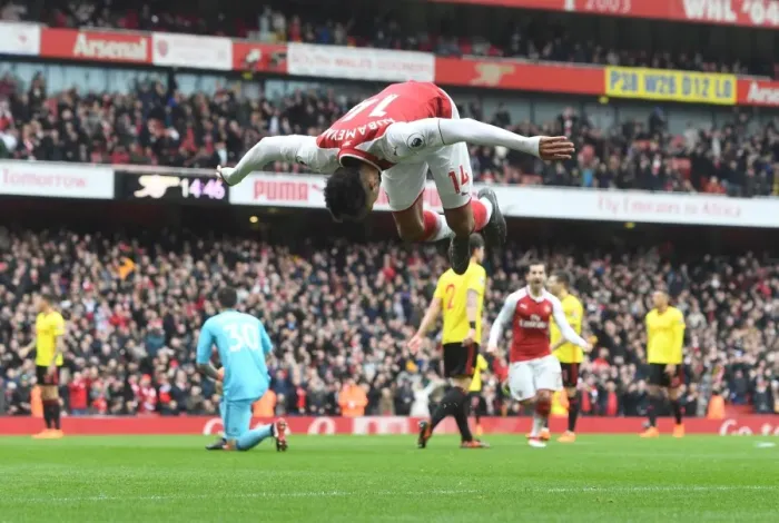 Framed Print : Arsenal's Aubameyang Scores Second Goal Against Watford (2017-18)