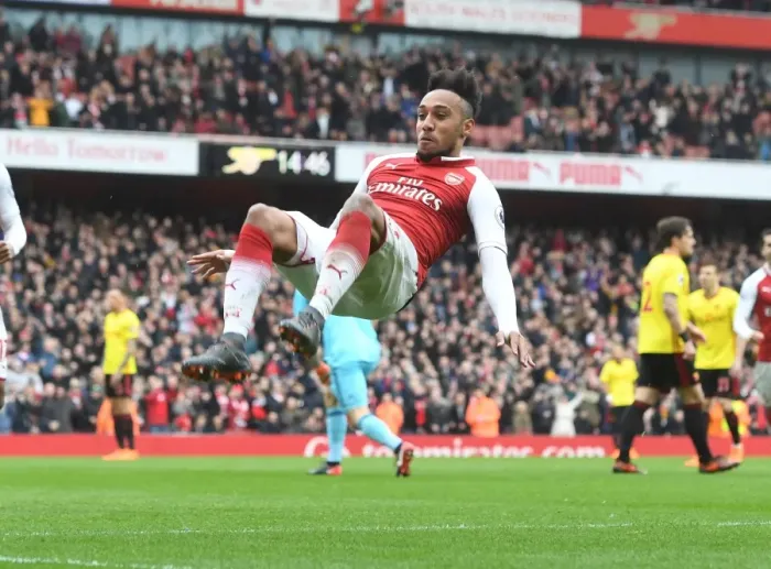 Framed Print : Arsenal's Aubameyang Scores His Second Goal Against Watford (2017-18)