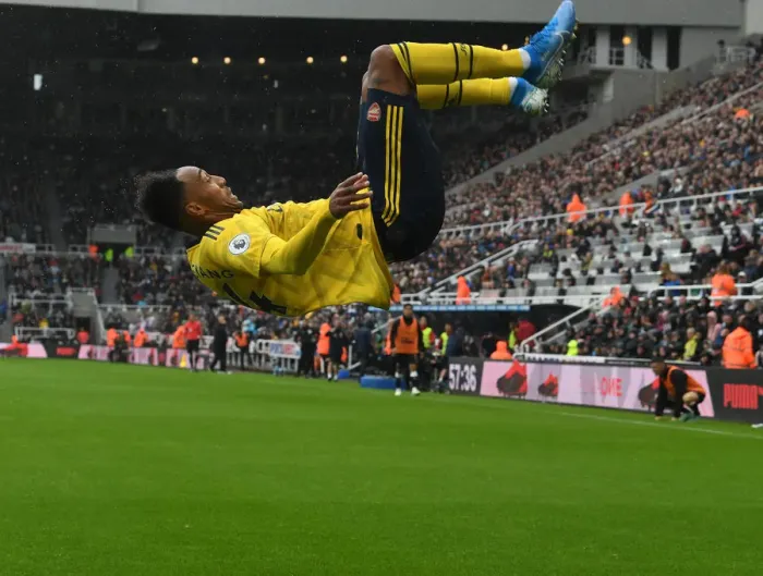 Framed Print : Arsenal's Aubameyang Scores Stunner: Premier League Triumph over Newcastle United at St. James Park, 2019-20