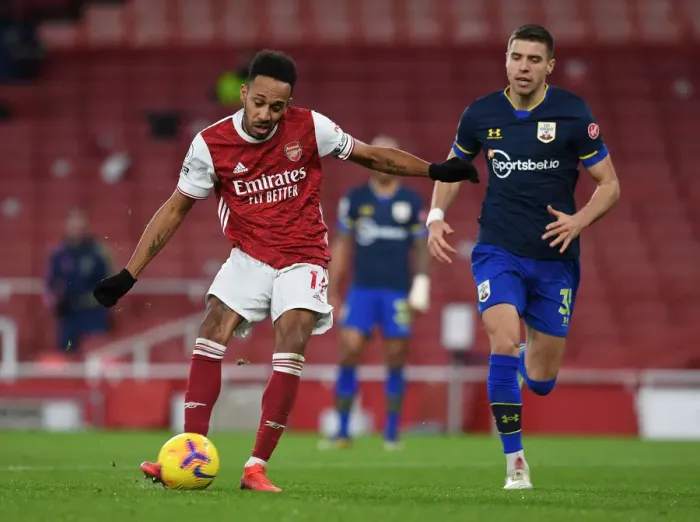 Framed Print : Arsenal's Aubameyang Scores the Winning Goal: Premier League Triumph Over Southampton (2020-21)