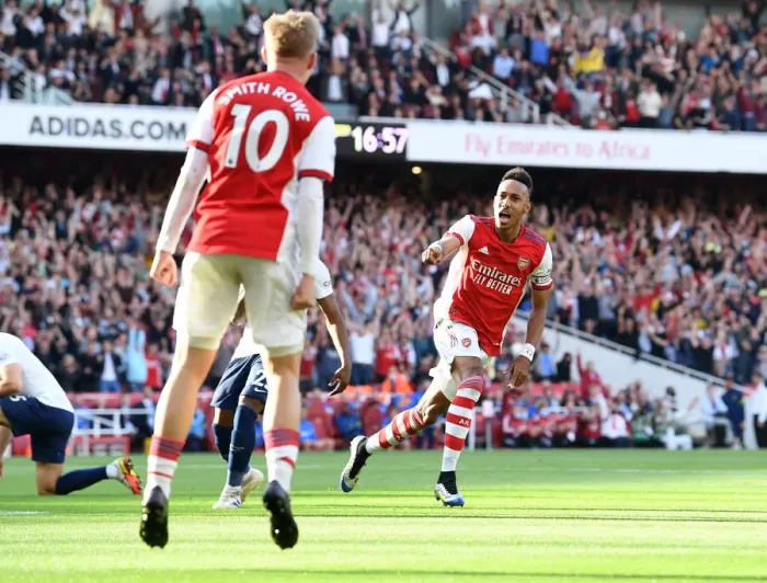 Framed Print : Arsenal's Aubameyang Shines: Scores Brace against Tottenham in 2021-22 Premier League Clash