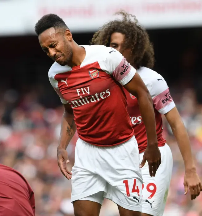 Framed Print : Arsenal's Aubameyang Sidelined: Injury Woes in Arsenal v West Ham United (2018-19)