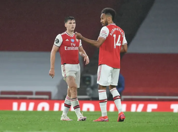 Framed Print : Arsenal's Aubameyang and Tierney in Action against Leicester City (2019-20) Framed Print : Arsenal's Aubameyang and Tierney in Action against Leicester City (2019-20)