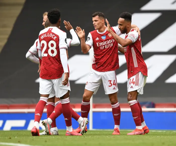 Framed Print : Arsenal's Aubameyang, Willock, and Xhaka Celebrate Goals Against Watford (2019-20) Framed Print : Arsenal's Aubameyang, Willock, and Xhaka Celebrate Goals Against Watford (2019-20)