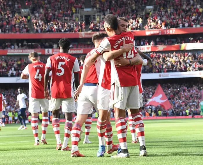 Framed Print : Arsenal's Aubameyang and Xhaka: Celebrating Victory Over Rival Spurs in the 2021-22 Premier League