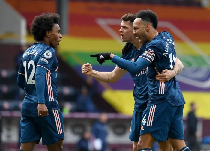 Framed Print : Arsenal's Aubameyang, Xhaka, and Willian: Empty Net Triumph Against Burnley (2021) Framed Print : Arsenal's Aubameyang, Xhaka, and Willian: Empty Net Triumph Against Burnley (2021)