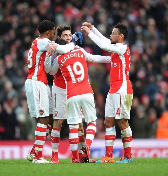 Arsenal's Bellerin, Akpom, Cazorla, and Coquelin Celebrate Goal Against Aston Villa (2014-15)