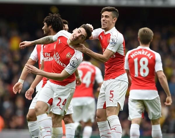 Arsenal's Bellerin and Gabriel Celebrate Goal Against Watford (April 2016)