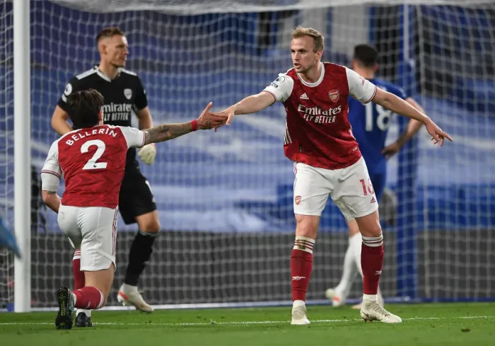 Framed Print : Arsenal's Bellerin and Holding Share a Moment Amidst Empty Stamford Bridge: Chelsea vs. Arsenal, 2021-22 Premier League