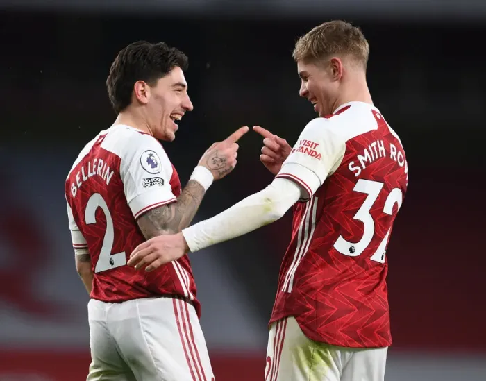 Framed Print : Arsenal's Bellerin and Smith Rowe: Triumphant Moment as They Celebrate Goals Against Leeds United in the Premier League 2020-21 Framed Print : Arsenal's Bellerin and Smith Rowe: Triumphant Moment as They Celebrate Goals Against Leeds United in the Premier League 2020-21
