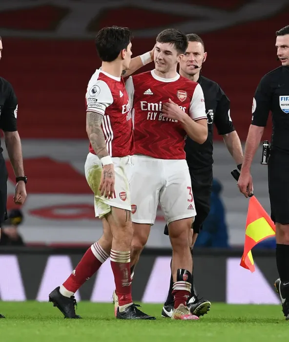 Framed Print : Arsenal's Bellerin and Tierney: Post-Match Moment at Empty Emirates (Arsenal v Chelsea, 2020-21)