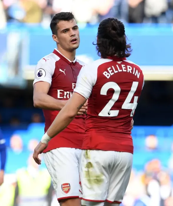 Framed Print : Arsenal's Bellerin and Xhaka in Action against Chelsea (2017-18) Framed Print : Arsenal's Bellerin and Xhaka in Action against Chelsea (2017-18)
