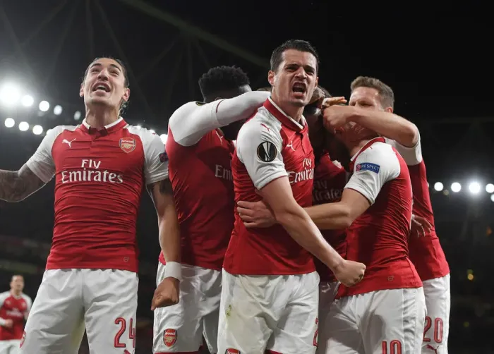 Framed Print : Arsenal's Bellerin and Xhaka Celebrate Goal Against Atletico Madrid in Europa League Semi-Final Framed Print : Arsenal's Bellerin and Xhaka Celebrate Goal Against Atletico Madrid in Europa League Semi-Final