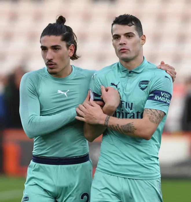 Framed Print : Arsenal's Bellerin and Xhaka Share a Moment after AFC Bournemouth Clash (2018-19)