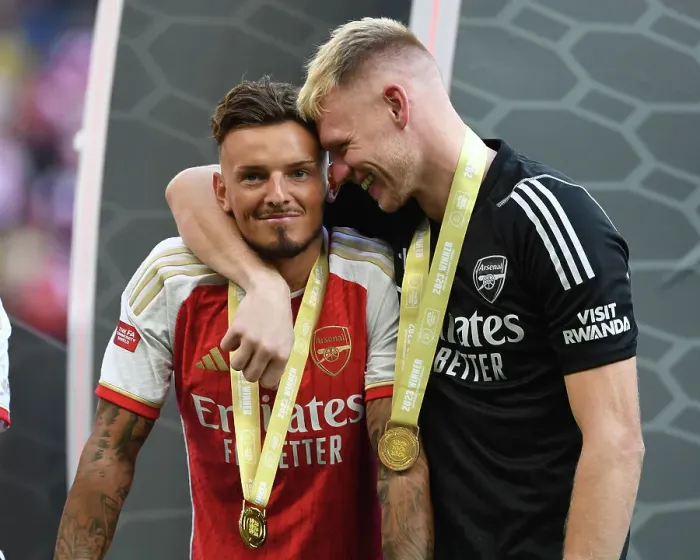 Framed Print : Arsenal's Ben White and Aaron Ramsdale Celebrate at FA Community Shield Final vs Manchester City, 2023-24 Framed Print : Arsenal's Ben White and Aaron Ramsdale Celebrate at FA Community Shield Final vs Manchester City, 2023-24