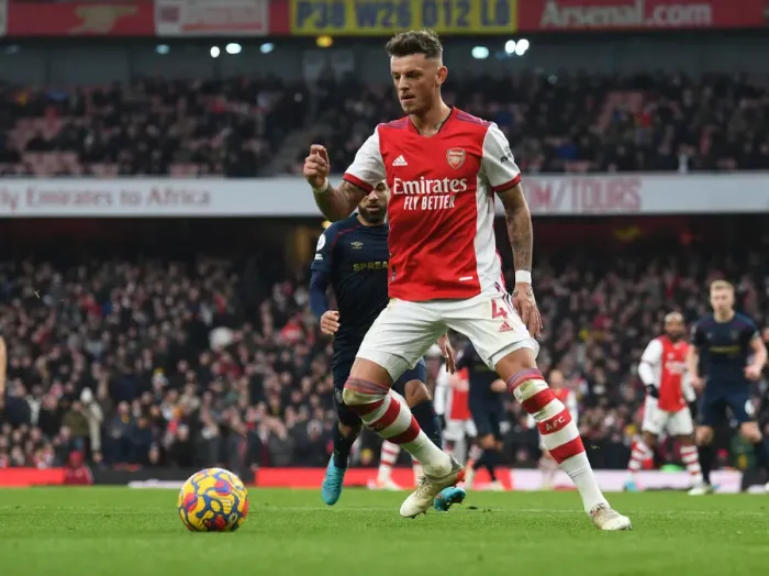 Framed Print : Arsenal's Ben White in Action Against Burnley - Premier League 2021-22