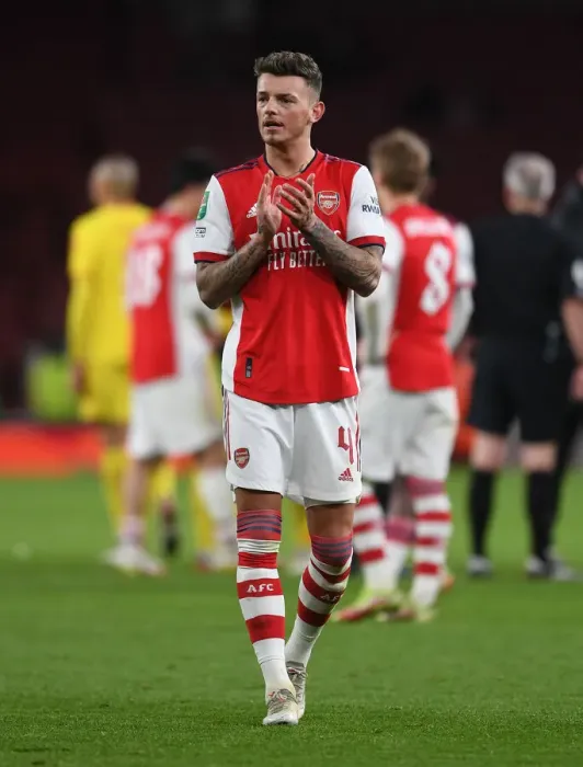 Framed Print : Arsenal's Ben White Celebrates Carabao Cup Semi-Final Victory Over Liverpool
