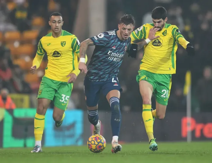 Framed Print : Arsenal's Ben White Clashes with Norwich's Pierre-Lees Melou: A Premier League Showdown