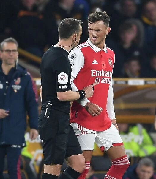 Arsenal's Ben White in Discussion with Referee during Wolverhampton Wanderers Clash (2022-23)