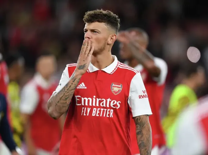 Framed Print : Arsenal's Ben White Embraces Family Moment after Arsenal v Aston Villa Match (2022-23)