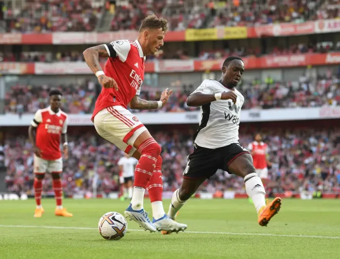 Framed Print : Arsenal's Ben White Faces Off Against Fulham's Neeskens Kebano in 2022-23 Premier League Clash Framed Print : Arsenal's Ben White Faces Off Against Fulham's Neeskens Kebano in 2022-23 Premier League Clash