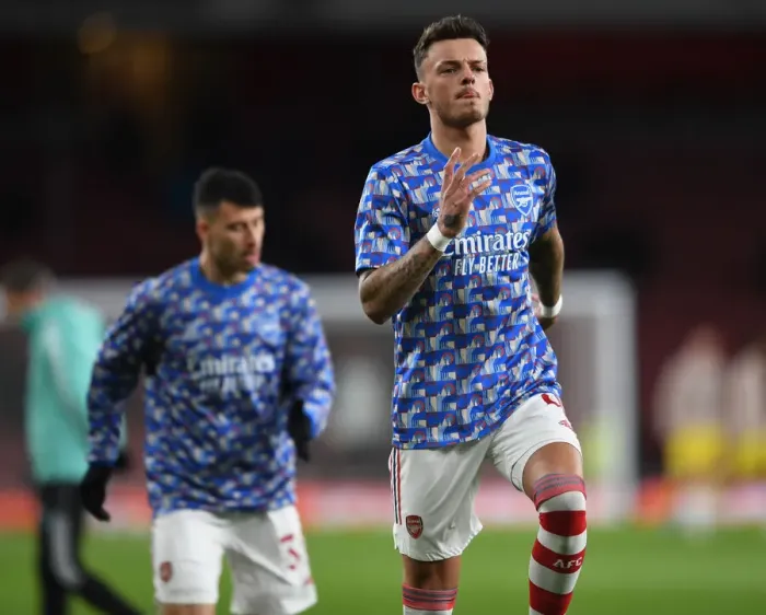 Framed Print : Arsenal's Ben White Focuses Ahead of Arsenal vs. Liverpool Carabao Cup Showdown