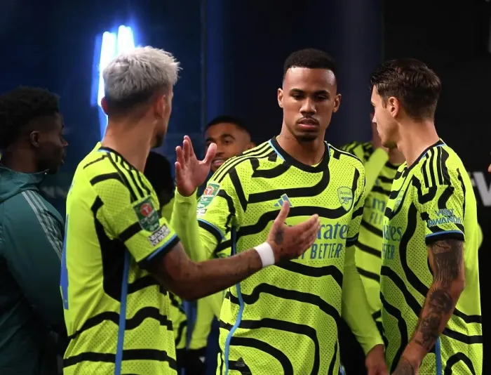 Framed Print : Arsenal's Ben White and Gabriel Share a Moment Before West Ham Clash in Carabao Cup Framed Print : Arsenal's Ben White and Gabriel Share a Moment Before West Ham Clash in Carabao Cup