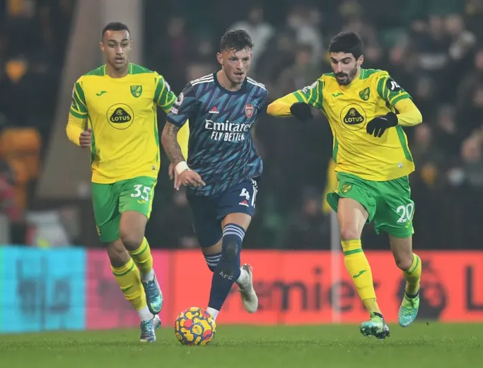 Framed Print : Arsenal's Ben White Goes Head-to-Head with Norwich's Pierre-Lees Melou: A Premier League Showdown Framed Print : Arsenal's Ben White Goes Head-to-Head with Norwich's Pierre-Lees Melou: A Premier League Showdown