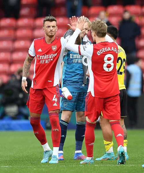 Arsenal's Ben White and Martin Odegaard Celebrate Victory Over Watford in Premier League