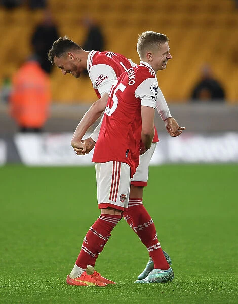 Arsenal's Ben White and Oleksandr Zinchenko Celebrate Victory over Wolverhampton Wanderers in the 2022-23 Premier League