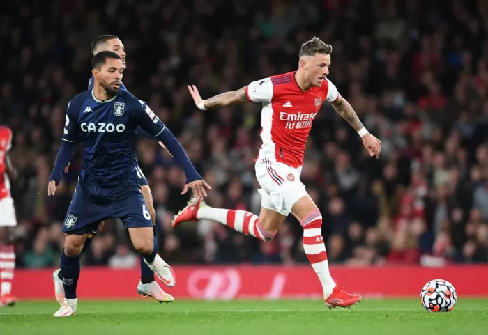 Framed Print : Arsenal's Ben White Overpowers Douglas Luiz: A Premier League Showdown at Emirates Stadium Framed Print : Arsenal's Ben White Overpowers Douglas Luiz: A Premier League Showdown at Emirates Stadium