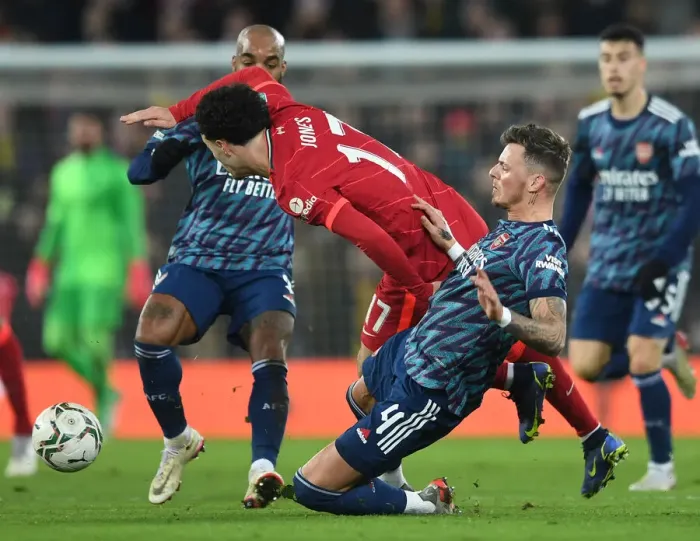 Framed Print : Arsenal's Ben White Tackles Curtis Jones in Carabao Cup Semi-Final Clash Against Liverpool