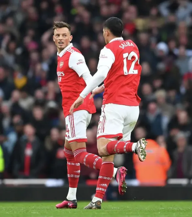 Framed Print : Arsenal's Ben White and William Saliba: Celebrating Goals in Premier League Victory Over AFC Bournemouth (2022-23)
