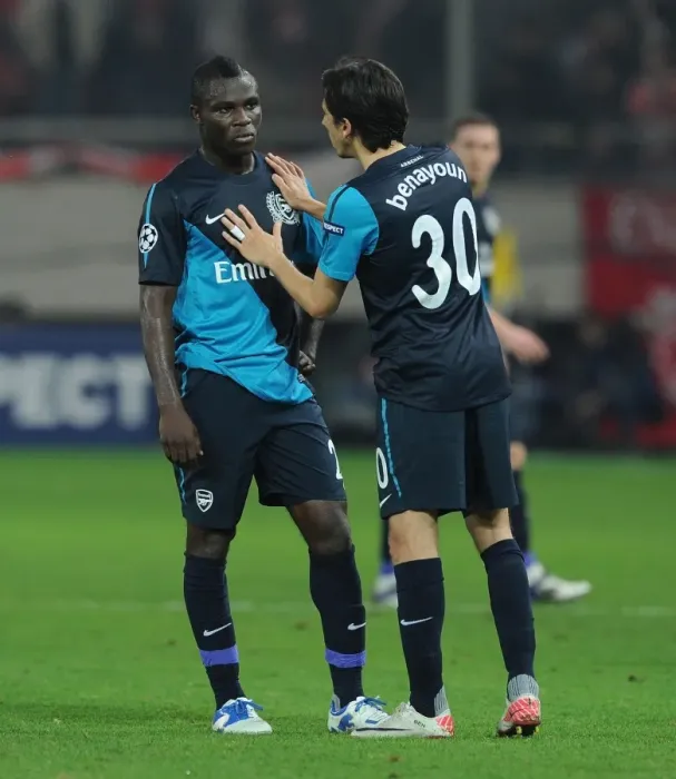 Framed Print : Arsenal's Benayoun and Frimpong: A Chat Amidst the Champions League Battle (Olympiacos v Arsenal 2011-12) Framed Print : Arsenal's Benayoun and Frimpong: A Chat Amidst the Champions League Battle (Olympiacos v Arsenal 2011-12)