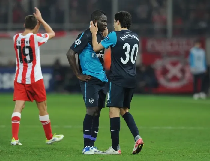 Framed Print : Arsenal's Benayoun and Frimpong in Deep Conversation during Olympiacos Clash (2011-12) Framed Print : Arsenal's Benayoun and Frimpong in Deep Conversation during Olympiacos Clash (2011-12)