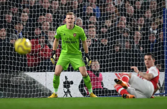 Framed Print : Arsenal's Bernd Leno Clashes with Chelsea at Stamford Bridge (2019-20 Premier League)