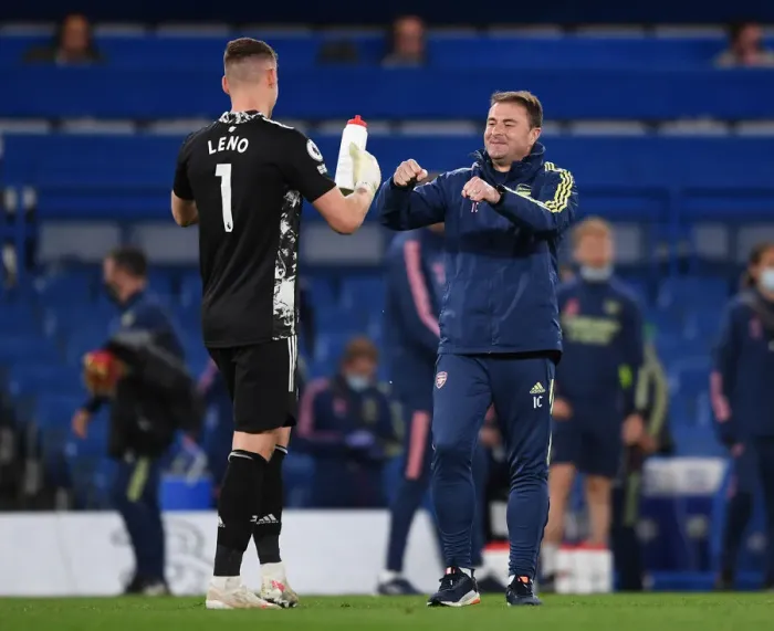 Framed Print : Arsenal's Bernd Leno Fist Bumps Goalkeeping Coach After Chelsea Match (2020-21)