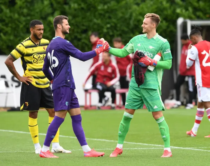 Framed Print : Arsenal's Bernd Leno Greets Watford's Daniel Bachmann Before Pre-Season Friendly Framed Print : Arsenal's Bernd Leno Greets Watford's Daniel Bachmann Before Pre-Season Friendly