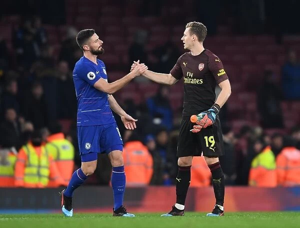 Arsenal's Bernd Leno and Olivier Giroud Share a Moment After Arsenal FC vs Chelsea FC in Premier League