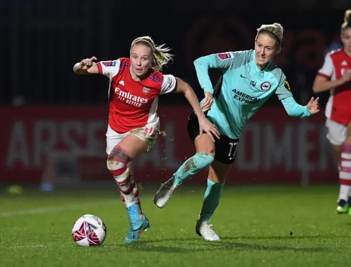 Framed Print : Arsenal's Beth Mead Goes Head-to-Head with Brighton's Kullberg in FA WSL Clash at Meadow Park Framed Print : Arsenal's Beth Mead Goes Head-to-Head with Brighton's Kullberg in FA WSL Clash at Meadow Park