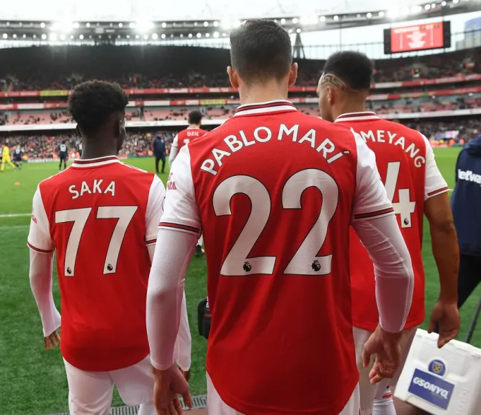 Framed Print : Arsenal's Big Three: Saka, Mari, Aubameyang Lead the Way in Arsenal v West Ham United (2019-20)